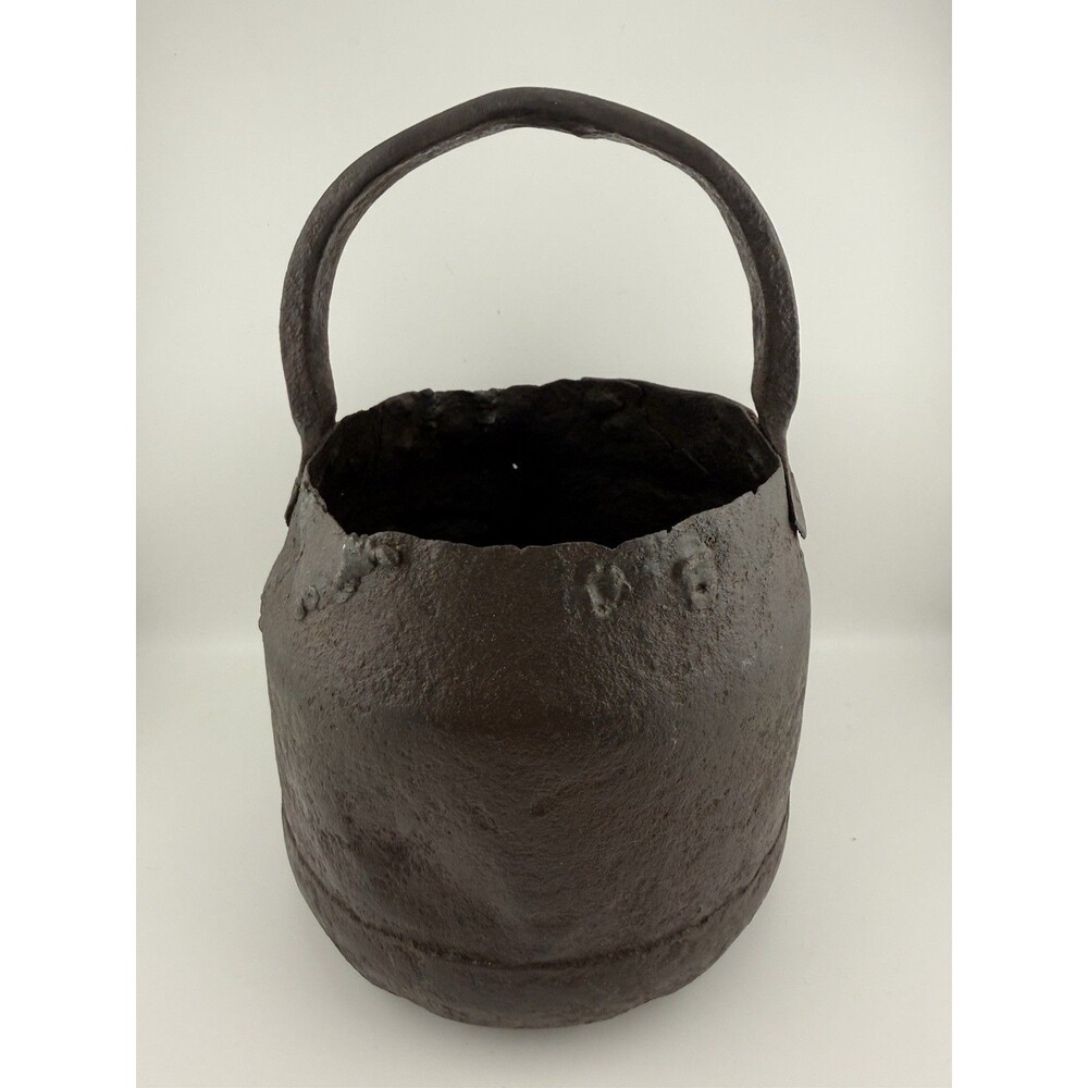 Antique Hanging Pot Cauldron Kettle Primitive Brutalist Design Metal Forged Iron
